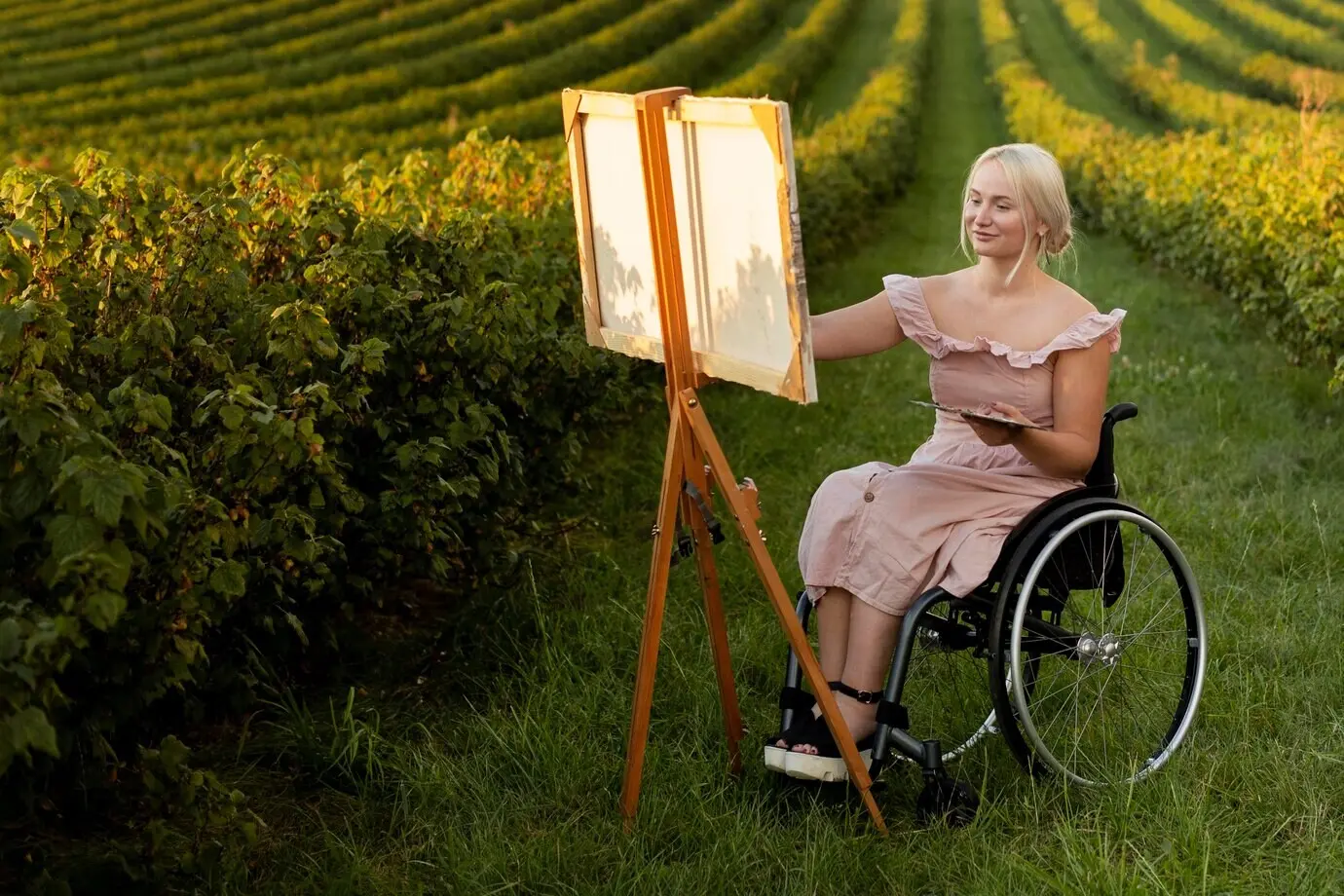 A woman in a wheelchair is painting outdoors.